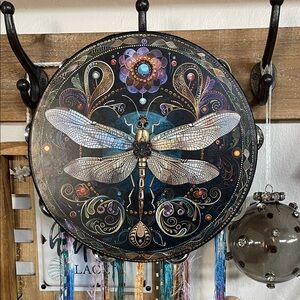 Decorative Dragonfly Wall Art Tambourine in Black and Blue